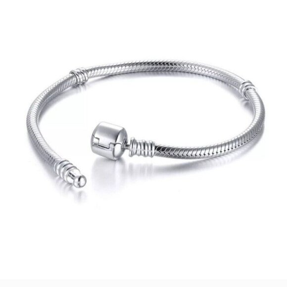 Sterling Silver S925 Snap Clasp Snake Chain European Charm Bracelet about 8" - Picture 8 of 8
